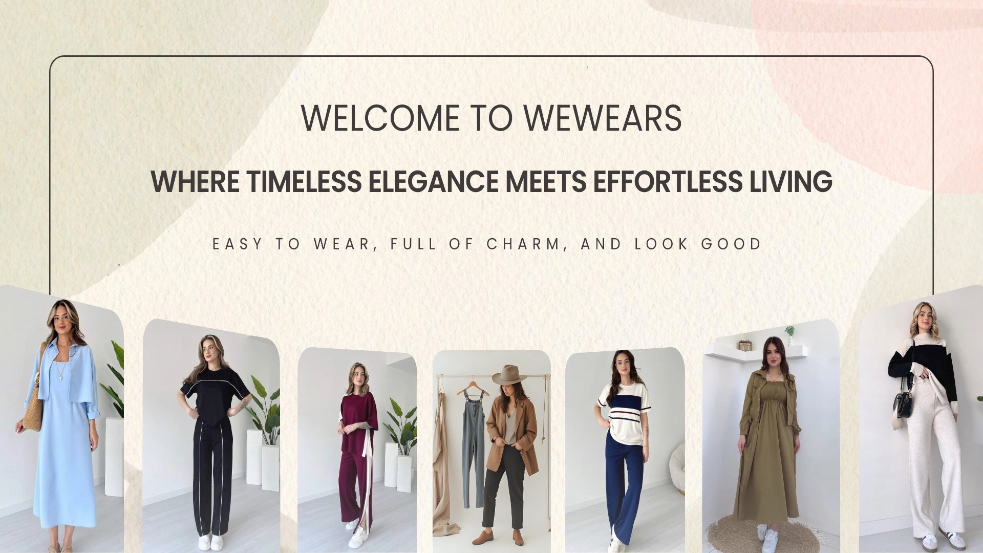 Promotional banner for WEWEARS with models wearing various outfits against a neutral background.