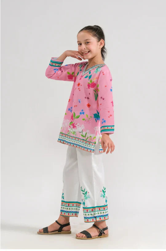 Girls Ethnic Wear – Pink Floral Kurti & White Trousers | 2-Piece Summer Kurti Set (Ages 6–14) - We Wears