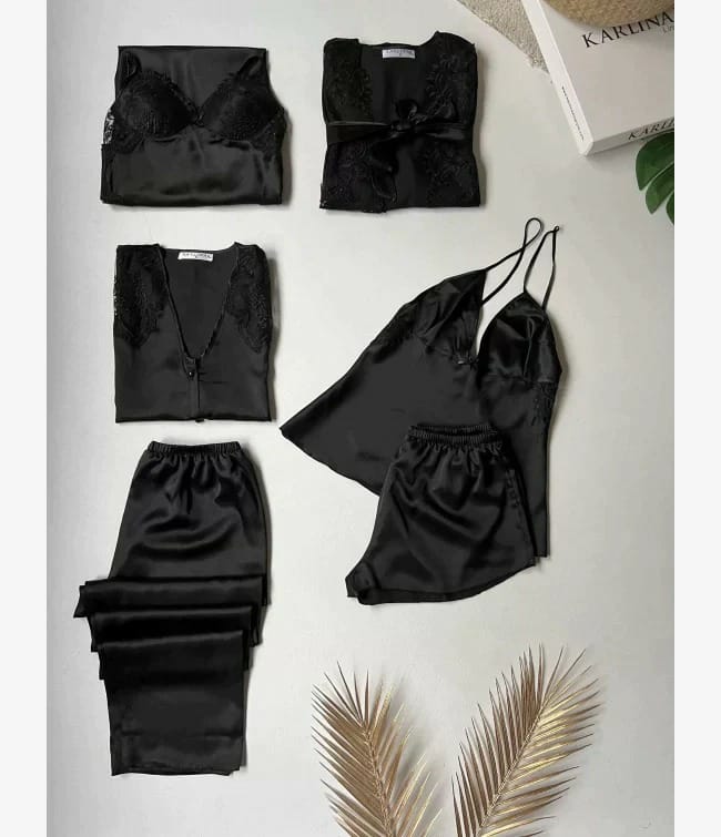 Midnight Elegance 6-Piece Luxurious Satin Nightwear Set - We Wears