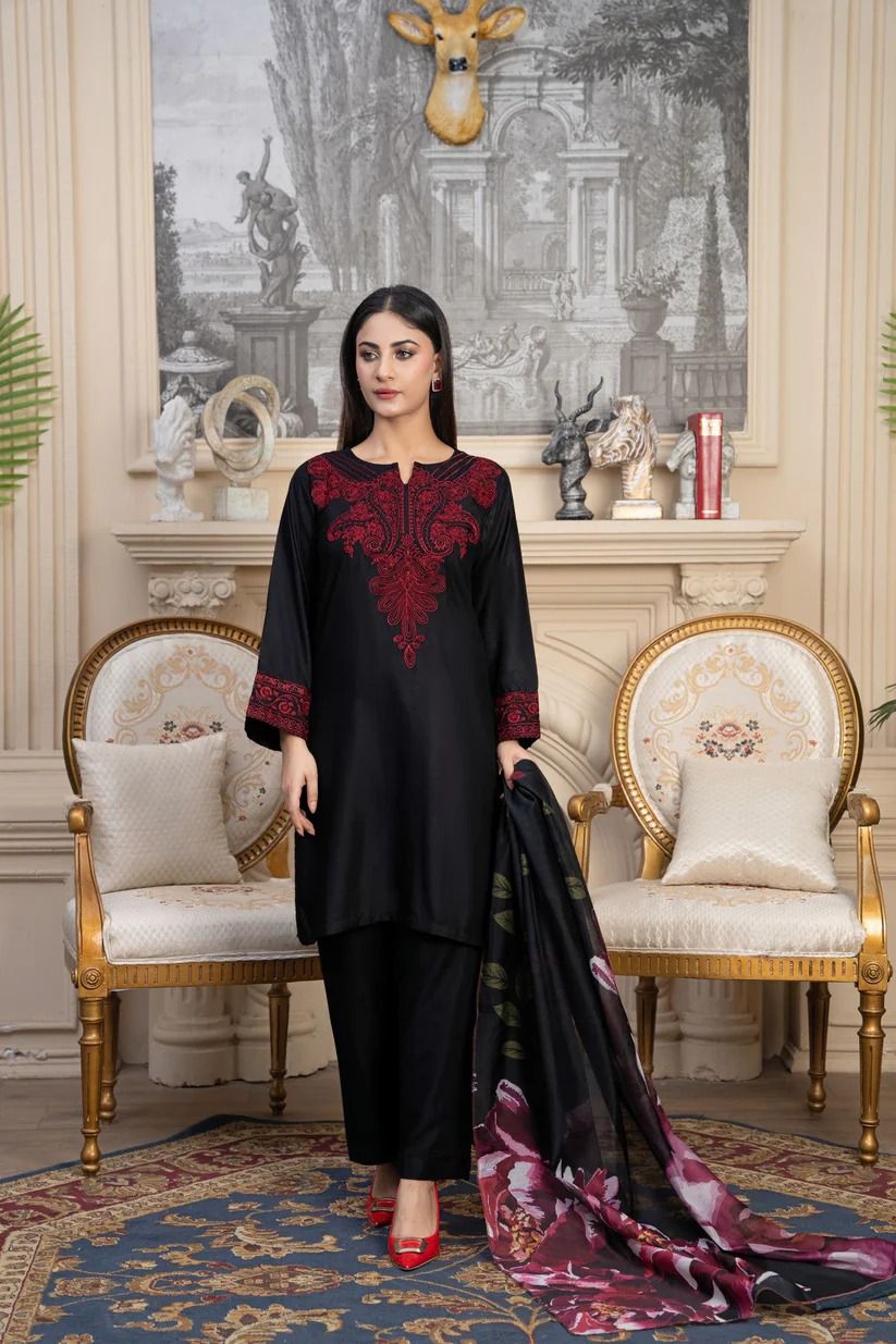 Noir Crimson Embroidered 3Piece